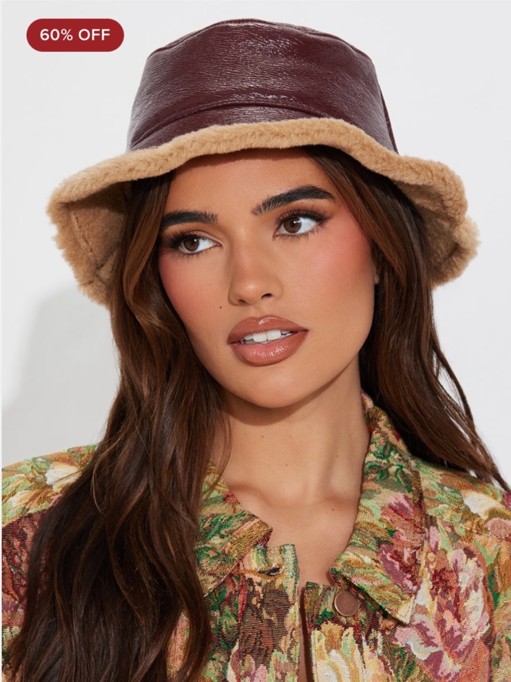 Fashion Nova Brown Faux-Leather & Tan Sherpa Bucket Hat
